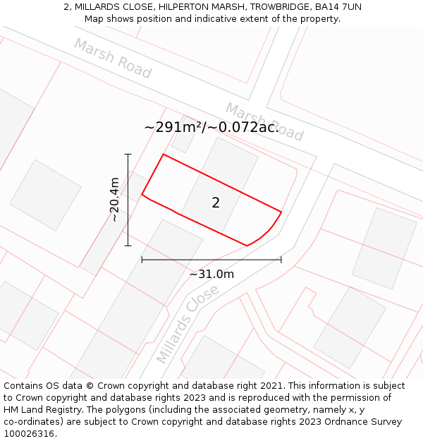 2, MILLARDS CLOSE, HILPERTON MARSH, TROWBRIDGE, BA14 7UN: Plot and title map