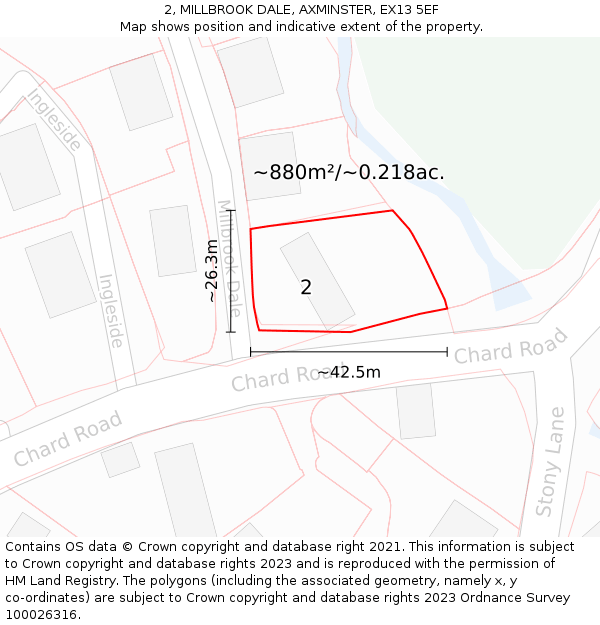 2, MILLBROOK DALE, AXMINSTER, EX13 5EF: Plot and title map