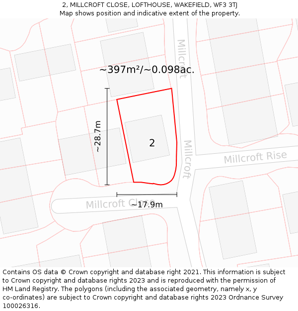 2, MILLCROFT CLOSE, LOFTHOUSE, WAKEFIELD, WF3 3TJ: Plot and title map