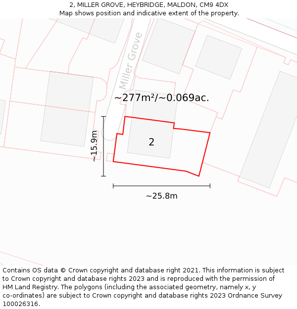 2, MILLER GROVE, HEYBRIDGE, MALDON, CM9 4DX: Plot and title map