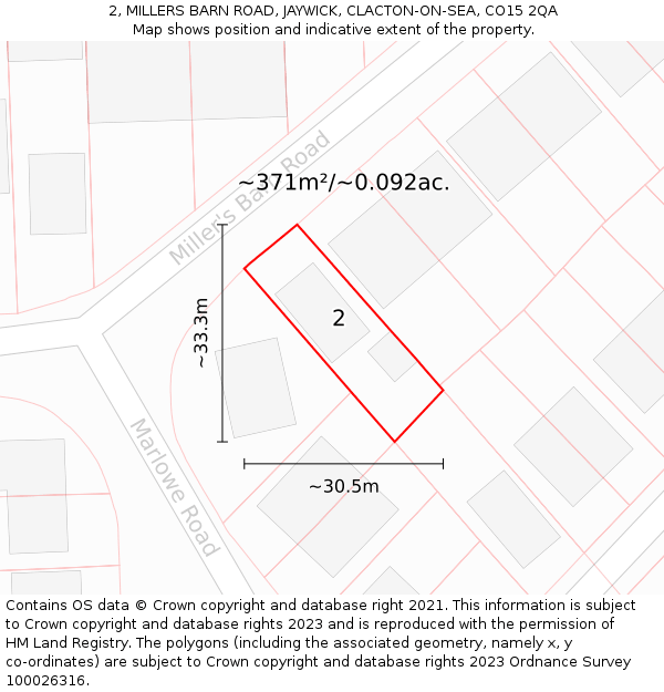 2, MILLERS BARN ROAD, JAYWICK, CLACTON-ON-SEA, CO15 2QA: Plot and title map