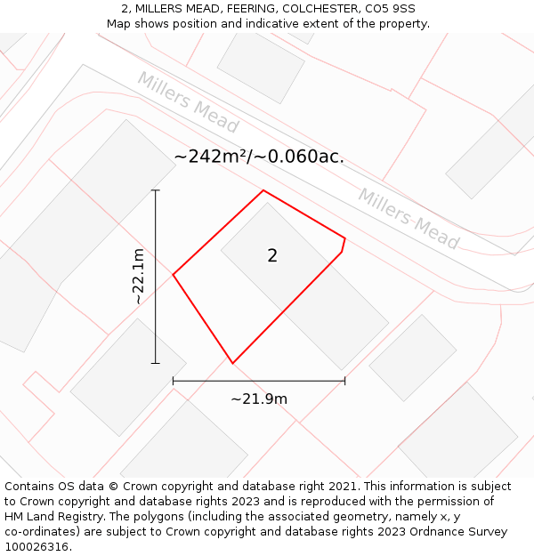 2, MILLERS MEAD, FEERING, COLCHESTER, CO5 9SS: Plot and title map