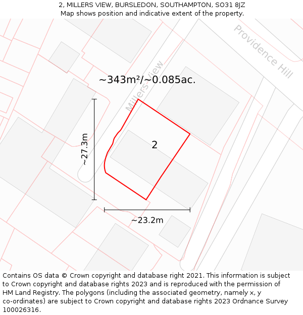 2, MILLERS VIEW, BURSLEDON, SOUTHAMPTON, SO31 8JZ: Plot and title map