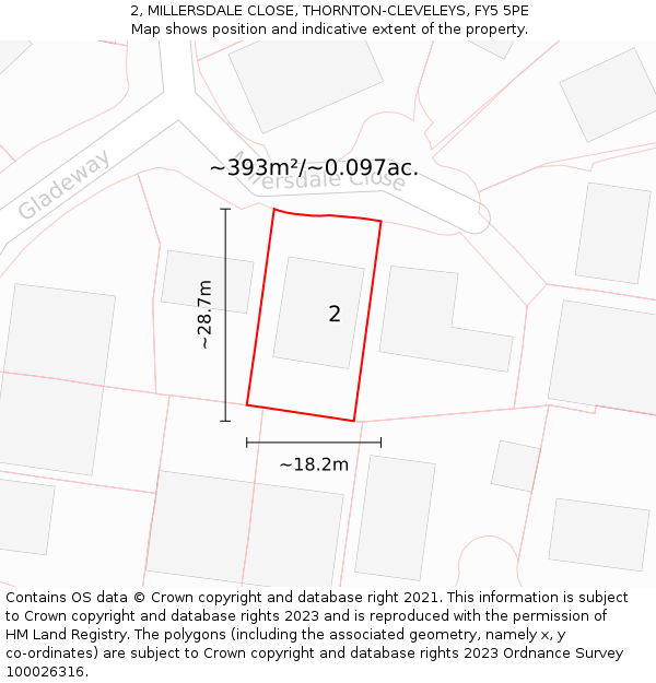 2, MILLERSDALE CLOSE, THORNTON-CLEVELEYS, FY5 5PE: Plot and title map