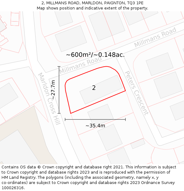 2, MILLMANS ROAD, MARLDON, PAIGNTON, TQ3 1PE: Plot and title map