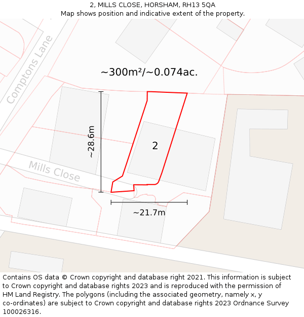 2, MILLS CLOSE, HORSHAM, RH13 5QA: Plot and title map