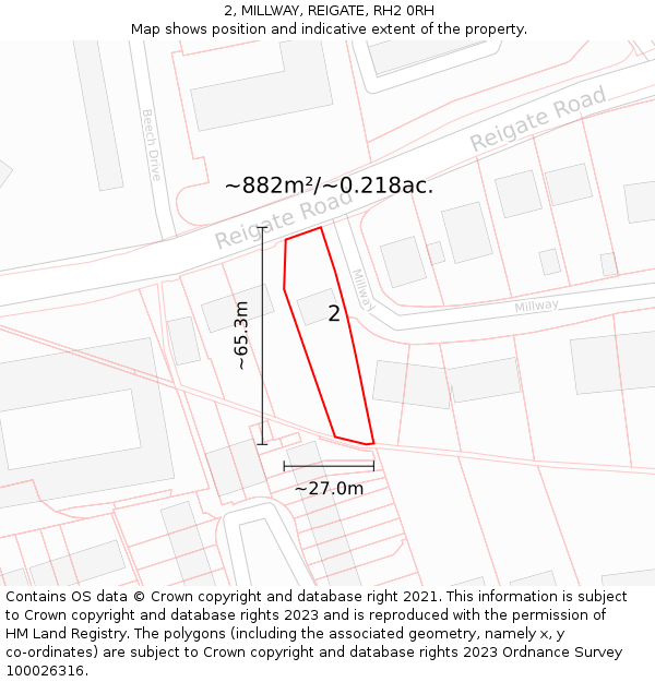 2, MILLWAY, REIGATE, RH2 0RH: Plot and title map
