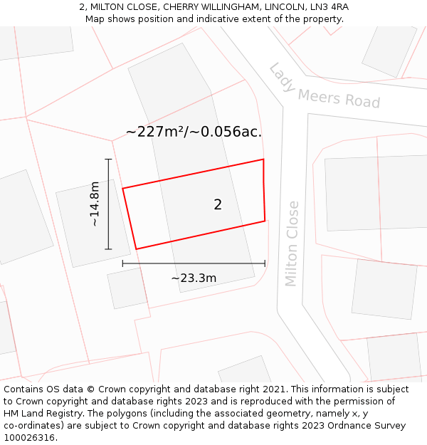 2, MILTON CLOSE, CHERRY WILLINGHAM, LINCOLN, LN3 4RA: Plot and title map