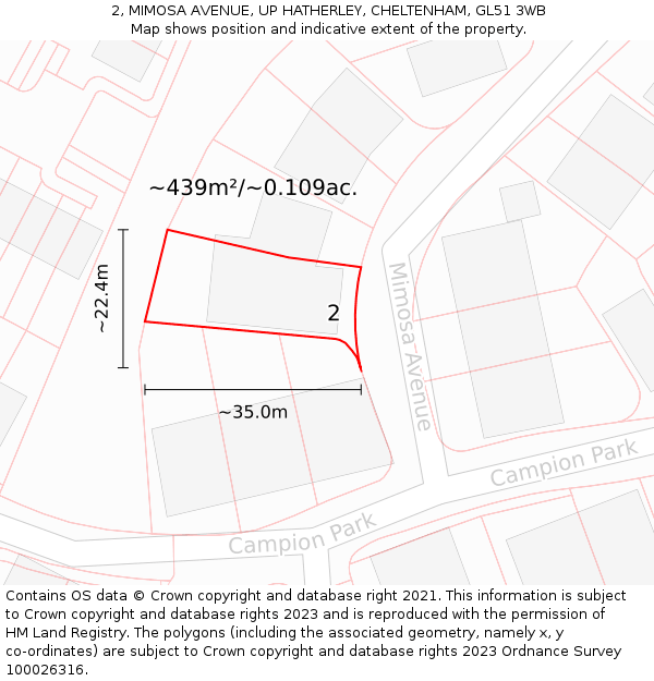 2, MIMOSA AVENUE, UP HATHERLEY, CHELTENHAM, GL51 3WB: Plot and title map