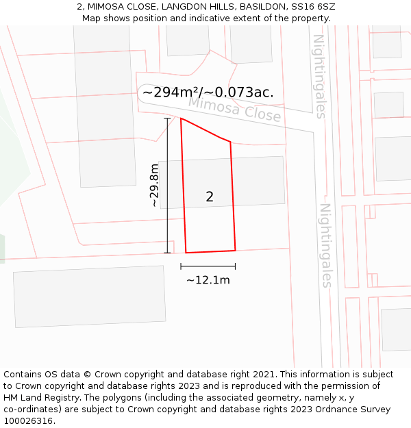 2, MIMOSA CLOSE, LANGDON HILLS, BASILDON, SS16 6SZ: Plot and title map