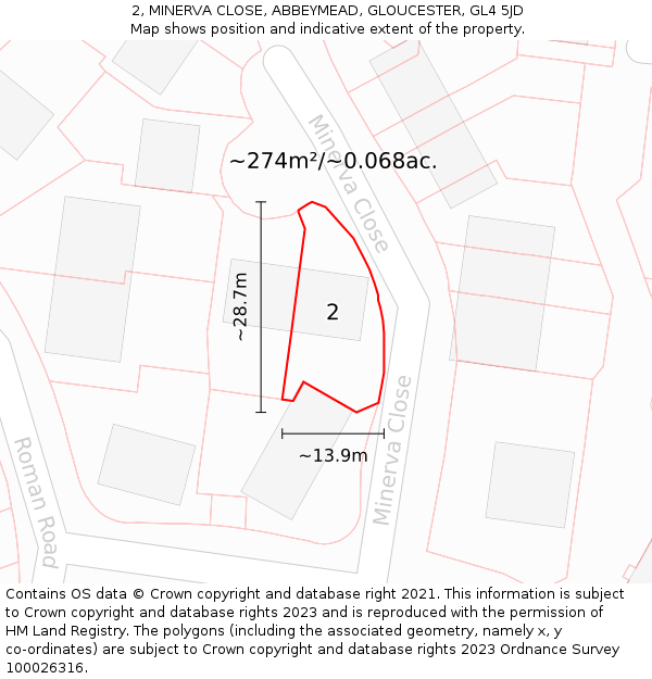 2, MINERVA CLOSE, ABBEYMEAD, GLOUCESTER, GL4 5JD: Plot and title map