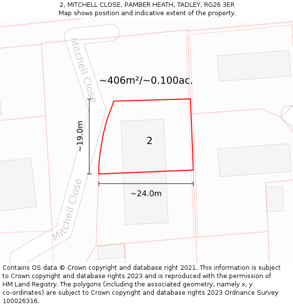 2, MITCHELL CLOSE, PAMBER HEATH, TADLEY, RG26 3ER: Plot and title map