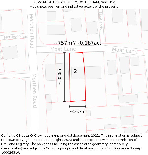 2, MOAT LANE, WICKERSLEY, ROTHERHAM, S66 1DZ: Plot and title map