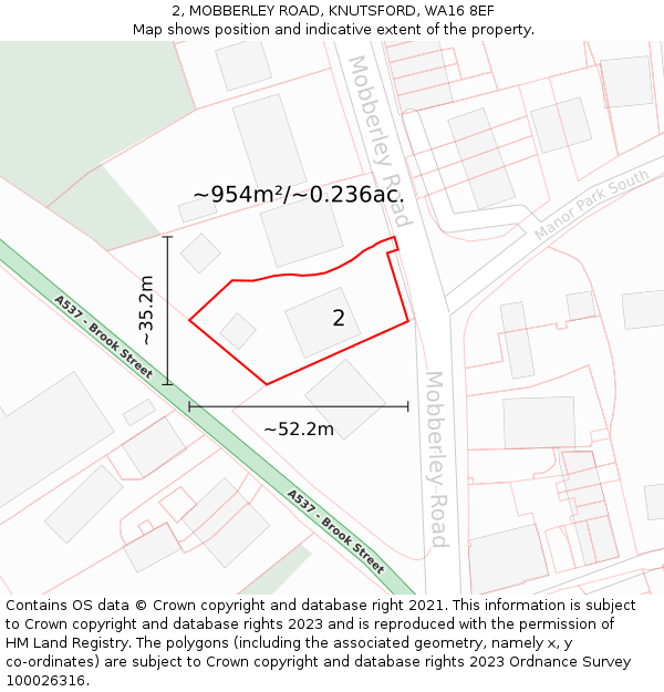 2, MOBBERLEY ROAD, KNUTSFORD, WA16 8EF: Plot and title map
