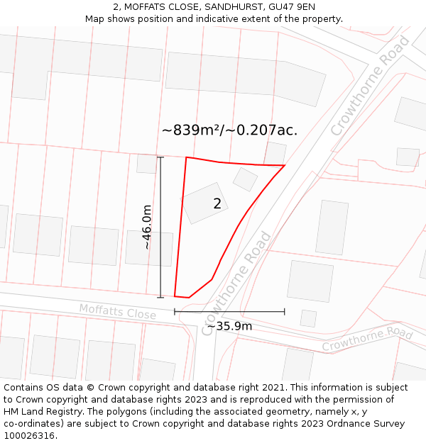 2, MOFFATS CLOSE, SANDHURST, GU47 9EN: Plot and title map