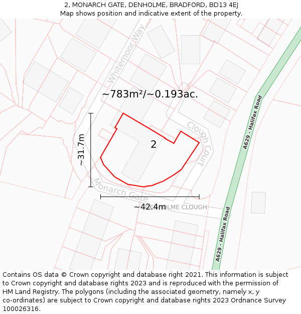 2, MONARCH GATE, DENHOLME, BRADFORD, BD13 4EJ: Plot and title map