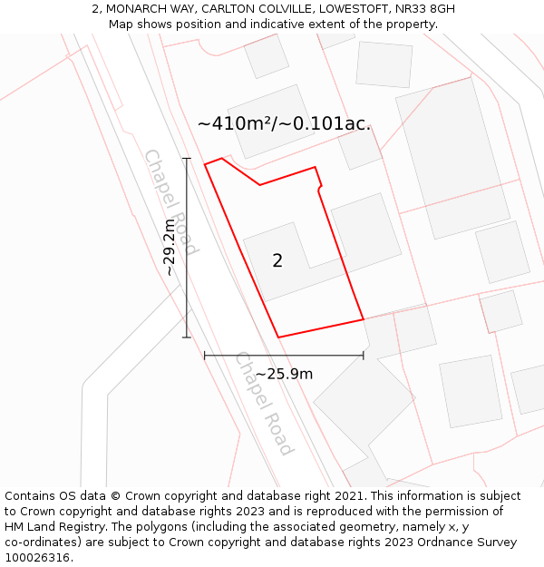 2, MONARCH WAY, CARLTON COLVILLE, LOWESTOFT, NR33 8GH: Plot and title map