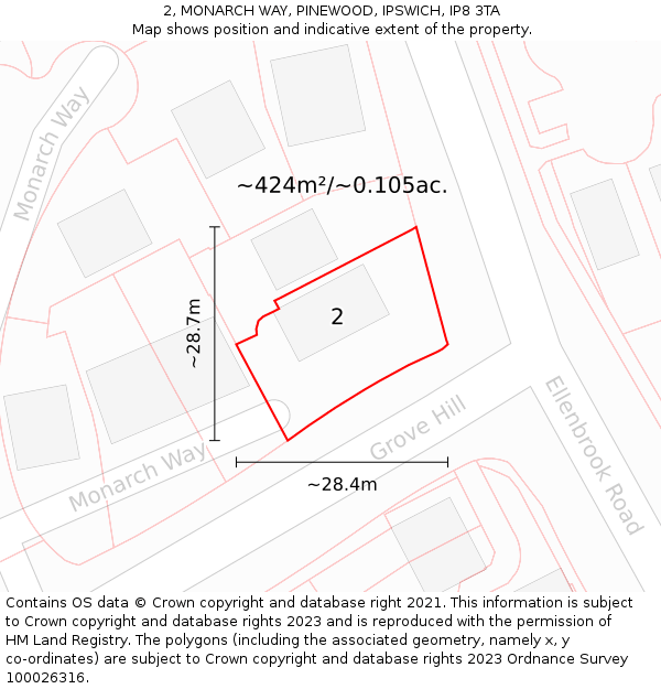 2, MONARCH WAY, PINEWOOD, IPSWICH, IP8 3TA: Plot and title map
