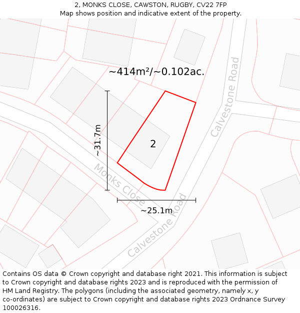 2, MONKS CLOSE, CAWSTON, RUGBY, CV22 7FP: Plot and title map