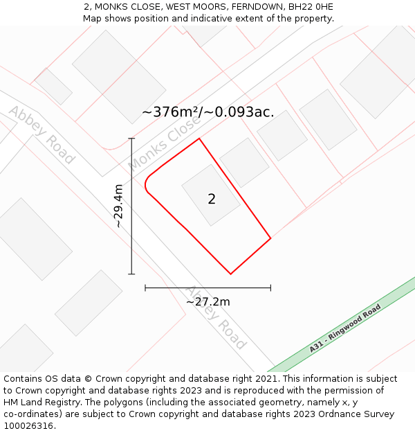 2, MONKS CLOSE, WEST MOORS, FERNDOWN, BH22 0HE: Plot and title map
