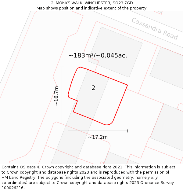 2, MONKS WALK, WINCHESTER, SO23 7GD: Plot and title map