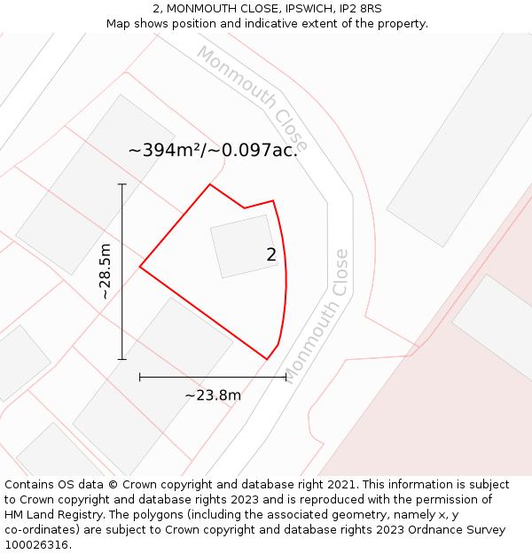 2, MONMOUTH CLOSE, IPSWICH, IP2 8RS: Plot and title map