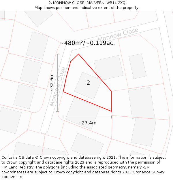 2, MONNOW CLOSE, MALVERN, WR14 2XQ: Plot and title map