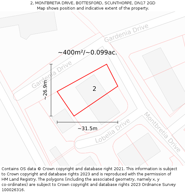 2, MONTBRETIA DRIVE, BOTTESFORD, SCUNTHORPE, DN17 2GD: Plot and title map