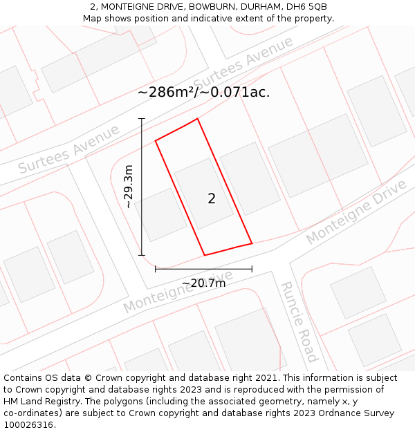 2, MONTEIGNE DRIVE, BOWBURN, DURHAM, DH6 5QB: Plot and title map