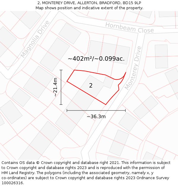 2, MONTEREY DRIVE, ALLERTON, BRADFORD, BD15 9LP: Plot and title map