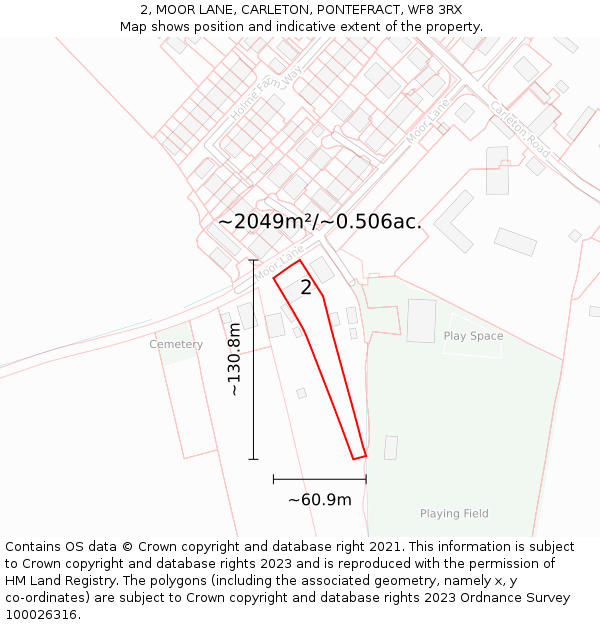 2, MOOR LANE, CARLETON, PONTEFRACT, WF8 3RX: Plot and title map