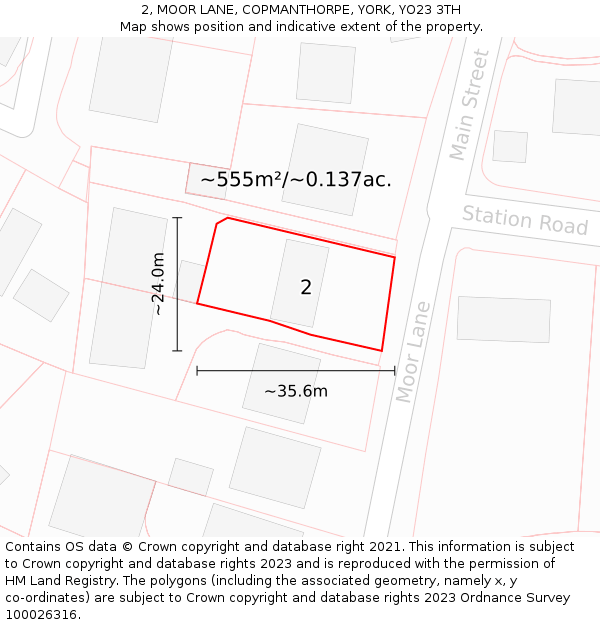 2, MOOR LANE, COPMANTHORPE, YORK, YO23 3TH: Plot and title map