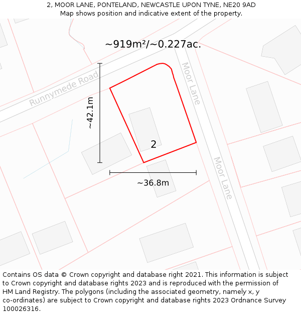 2, MOOR LANE, PONTELAND, NEWCASTLE UPON TYNE, NE20 9AD: Plot and title map