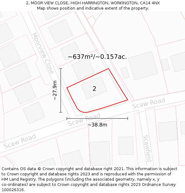 2, MOOR VIEW CLOSE, HIGH HARRINGTON, WORKINGTON, CA14 4NX: Plot and title map