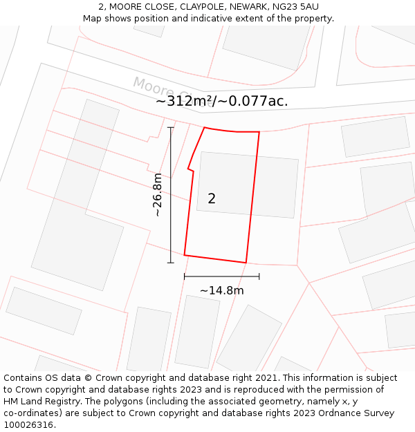 2, MOORE CLOSE, CLAYPOLE, NEWARK, NG23 5AU: Plot and title map