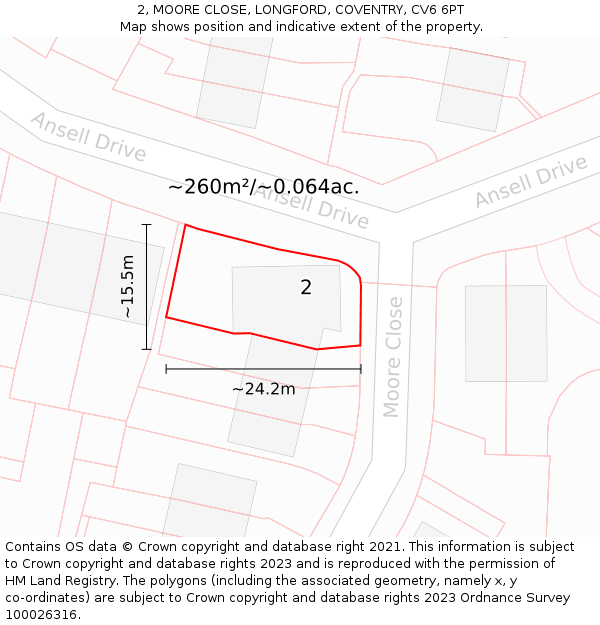 2, MOORE CLOSE, LONGFORD, COVENTRY, CV6 6PT: Plot and title map