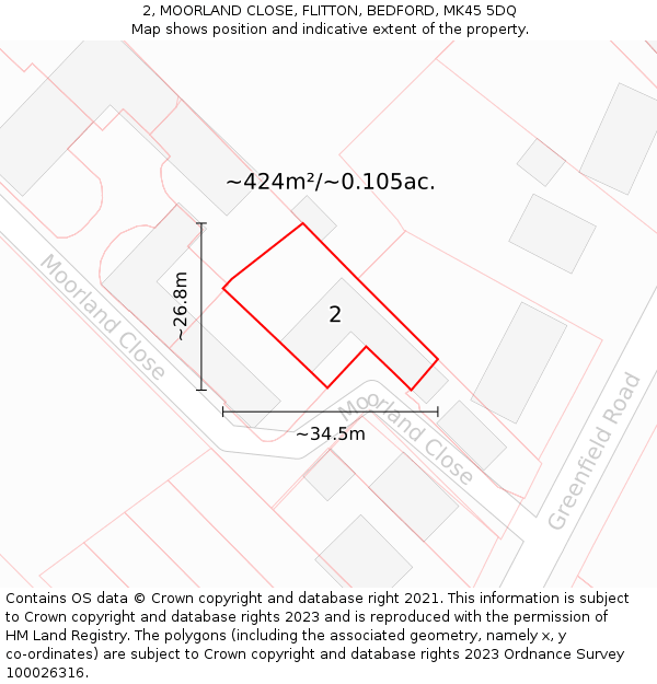 2, MOORLAND CLOSE, FLITTON, BEDFORD, MK45 5DQ: Plot and title map
