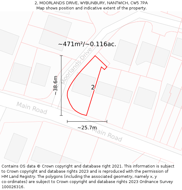 2, MOORLANDS DRIVE, WYBUNBURY, NANTWICH, CW5 7PA: Plot and title map