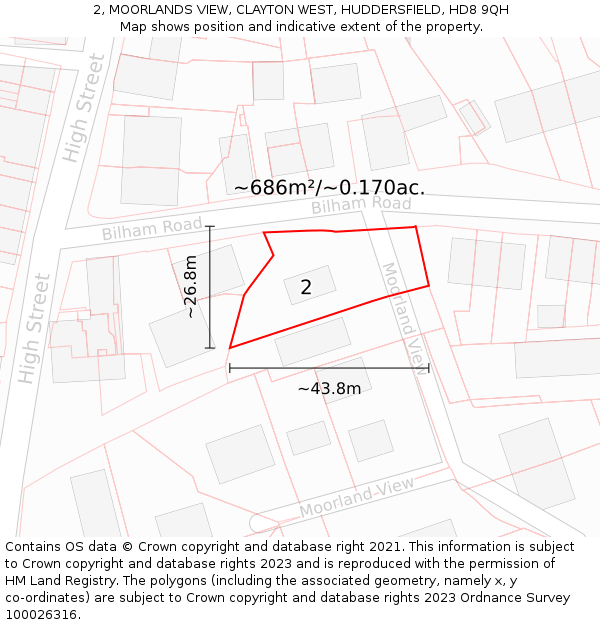 2, MOORLANDS VIEW, CLAYTON WEST, HUDDERSFIELD, HD8 9QH: Plot and title map