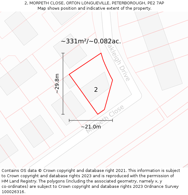 2, MORPETH CLOSE, ORTON LONGUEVILLE, PETERBOROUGH, PE2 7AP: Plot and title map