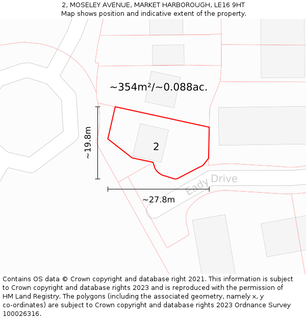 2, MOSELEY AVENUE, MARKET HARBOROUGH, LE16 9HT: Plot and title map