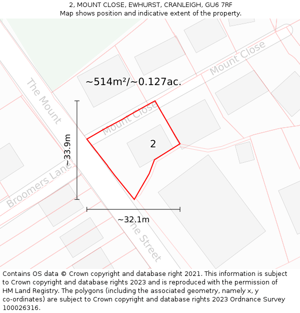 2, MOUNT CLOSE, EWHURST, CRANLEIGH, GU6 7RF: Plot and title map
