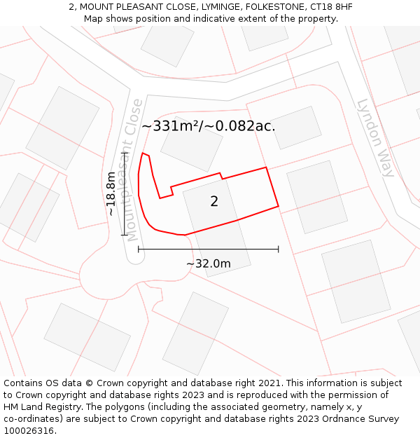 2, MOUNT PLEASANT CLOSE, LYMINGE, FOLKESTONE, CT18 8HF: Plot and title map