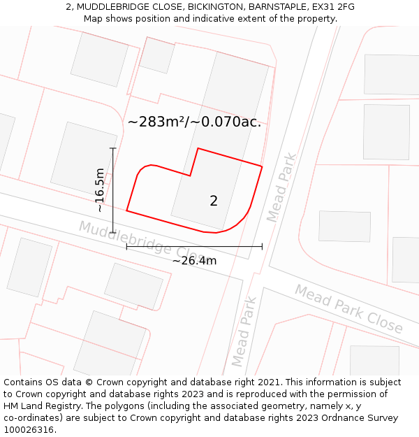 2, MUDDLEBRIDGE CLOSE, BICKINGTON, BARNSTAPLE, EX31 2FG: Plot and title map