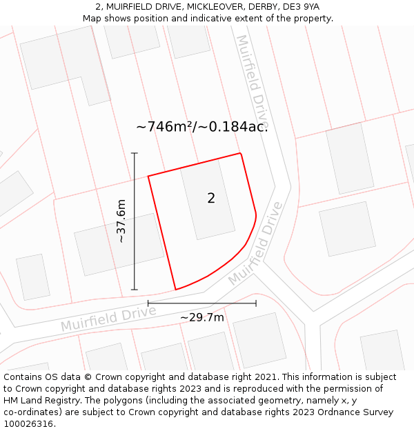 2, MUIRFIELD DRIVE, MICKLEOVER, DERBY, DE3 9YA: Plot and title map