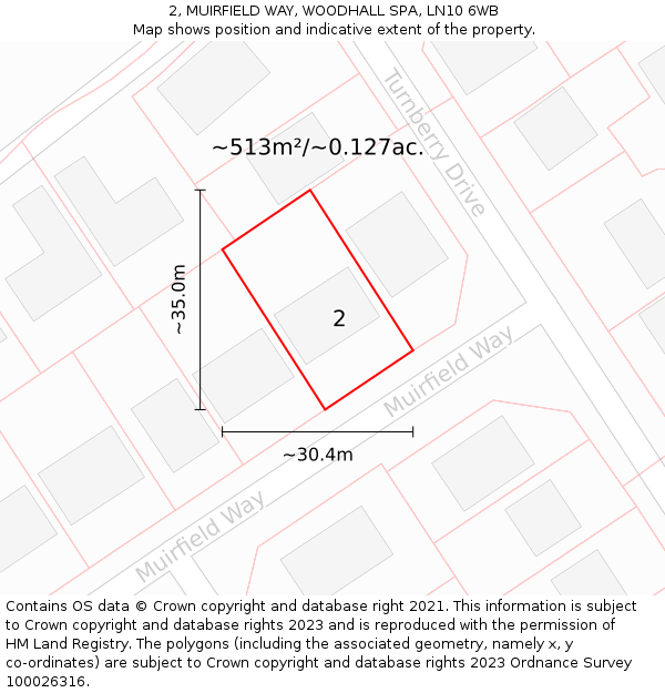 2, MUIRFIELD WAY, WOODHALL SPA, LN10 6WB: Plot and title map