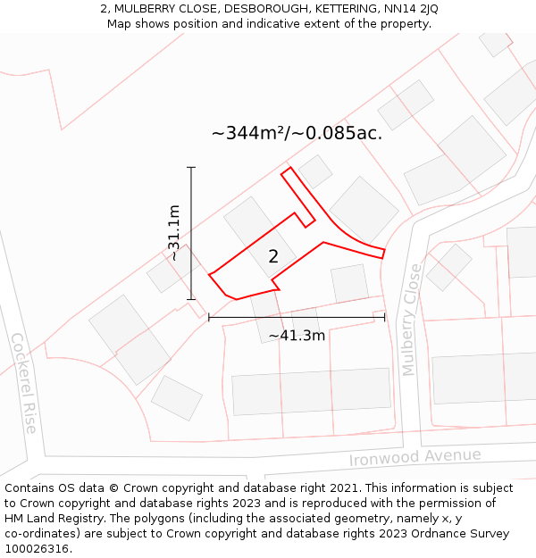 2, MULBERRY CLOSE, DESBOROUGH, KETTERING, NN14 2JQ: Plot and title map