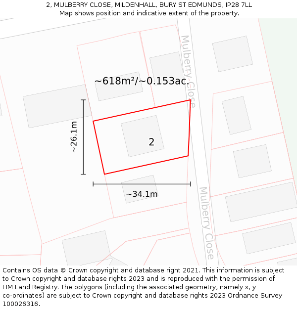 2, MULBERRY CLOSE, MILDENHALL, BURY ST EDMUNDS, IP28 7LL: Plot and title map