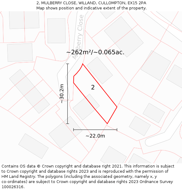 2, MULBERRY CLOSE, WILLAND, CULLOMPTON, EX15 2PA: Plot and title map
