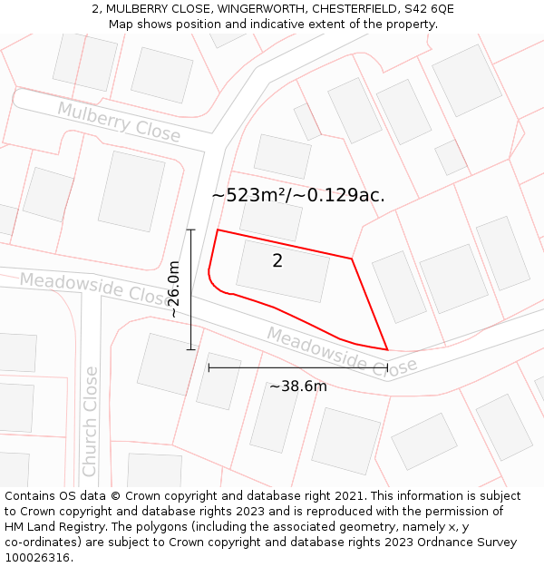 2, MULBERRY CLOSE, WINGERWORTH, CHESTERFIELD, S42 6QE: Plot and title map